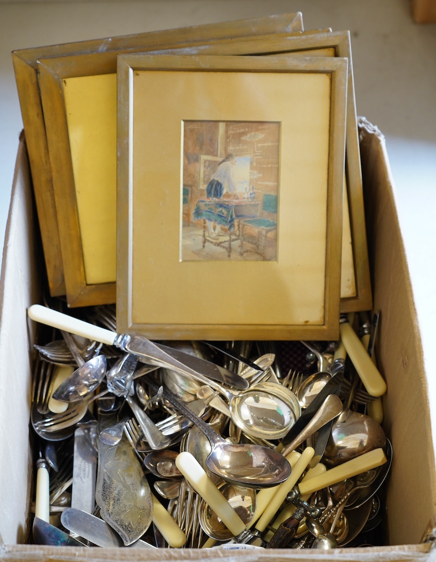 A quantity of assorted silver plated items and watercolours. Condition - fair